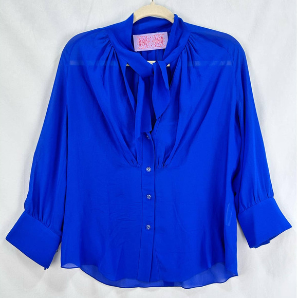 Tuleh Tops - Tuleh Silk Button Down Blouse Tie Neck Crystal Buttons Royal Blue size 12 Large